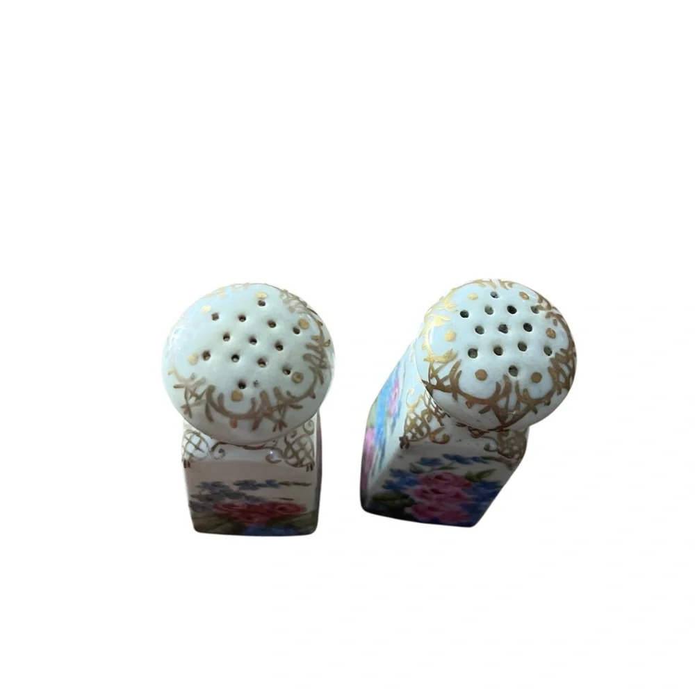 Antique Hand Painted Floral Gold Salt And Pepper Shakers